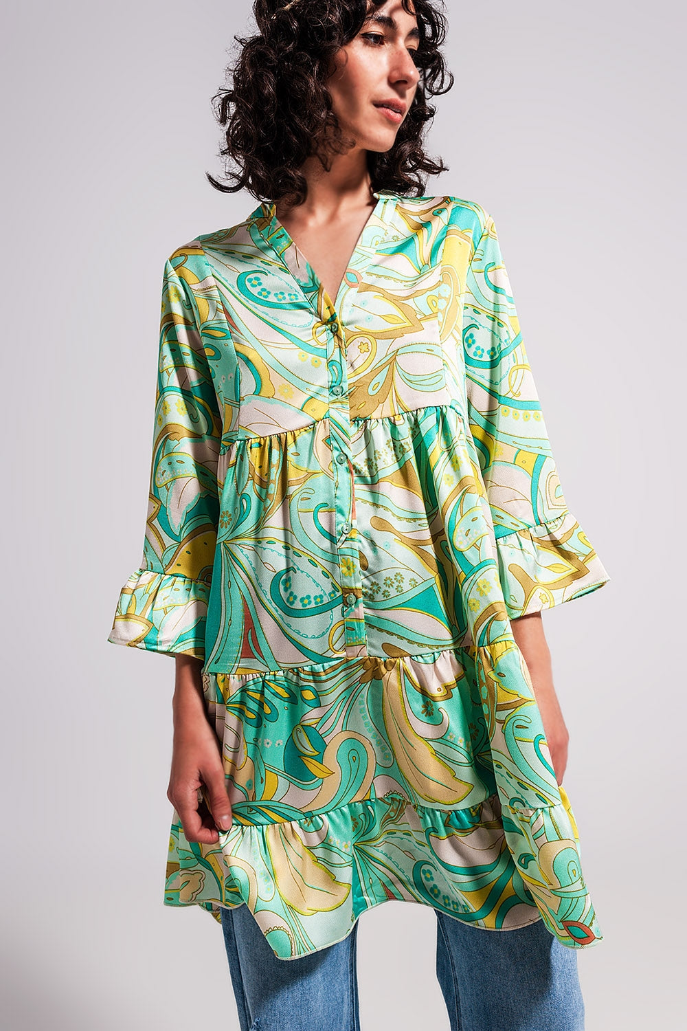 3/4 sleeve mini dress in green Q2store