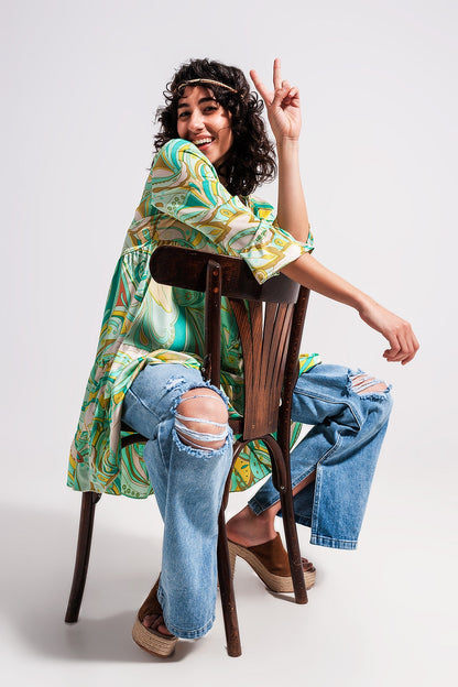 3/4 sleeve mini dress in green Q2store