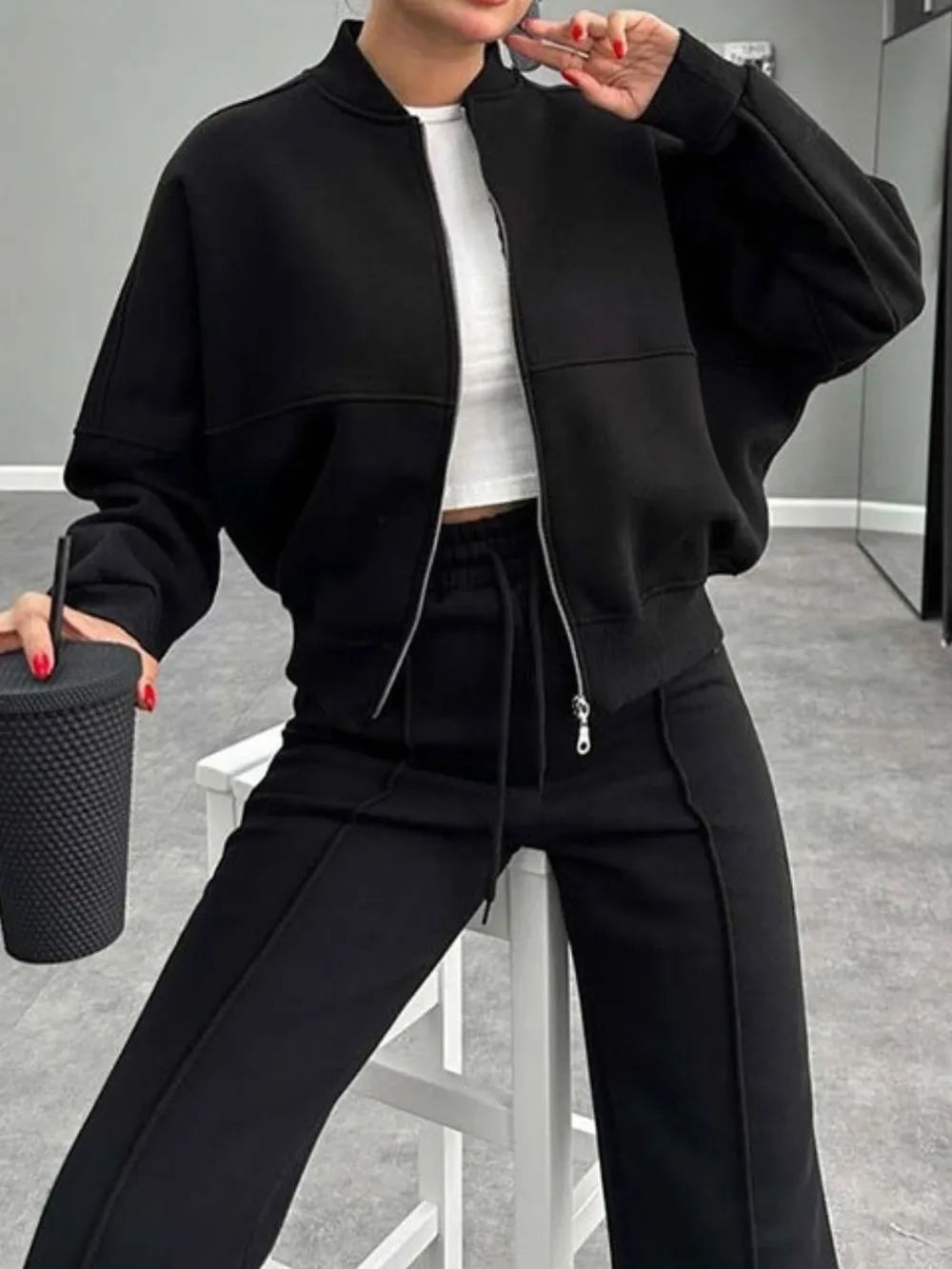 Baseball Collar Zip Up Outerwear and Drawstring Pants Set New Era Fashion LLc