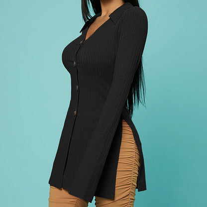 Women's V-Neck Ribbed Knit Button Cardigan Top – Black FitiqueFit