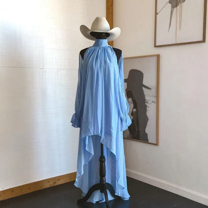 High Neck Asymmetric Maxi Chiffon Dress – Loose Fit Long Sleeve FitiqueFit