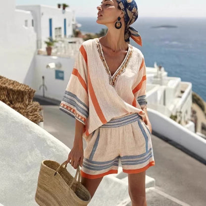 Women’s Linen Striped V Neck Top and Shorts Set FitiqueFit