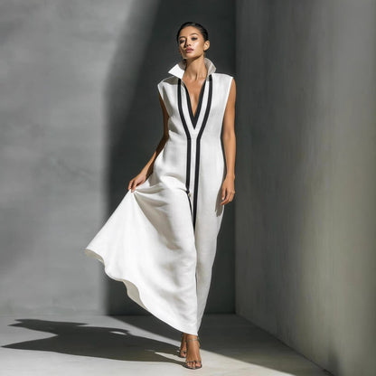 Women's V-Neck Color-Block Sleeveless A-Line Maxi Dress – 4 Colors XS–2XL FitiqueFit