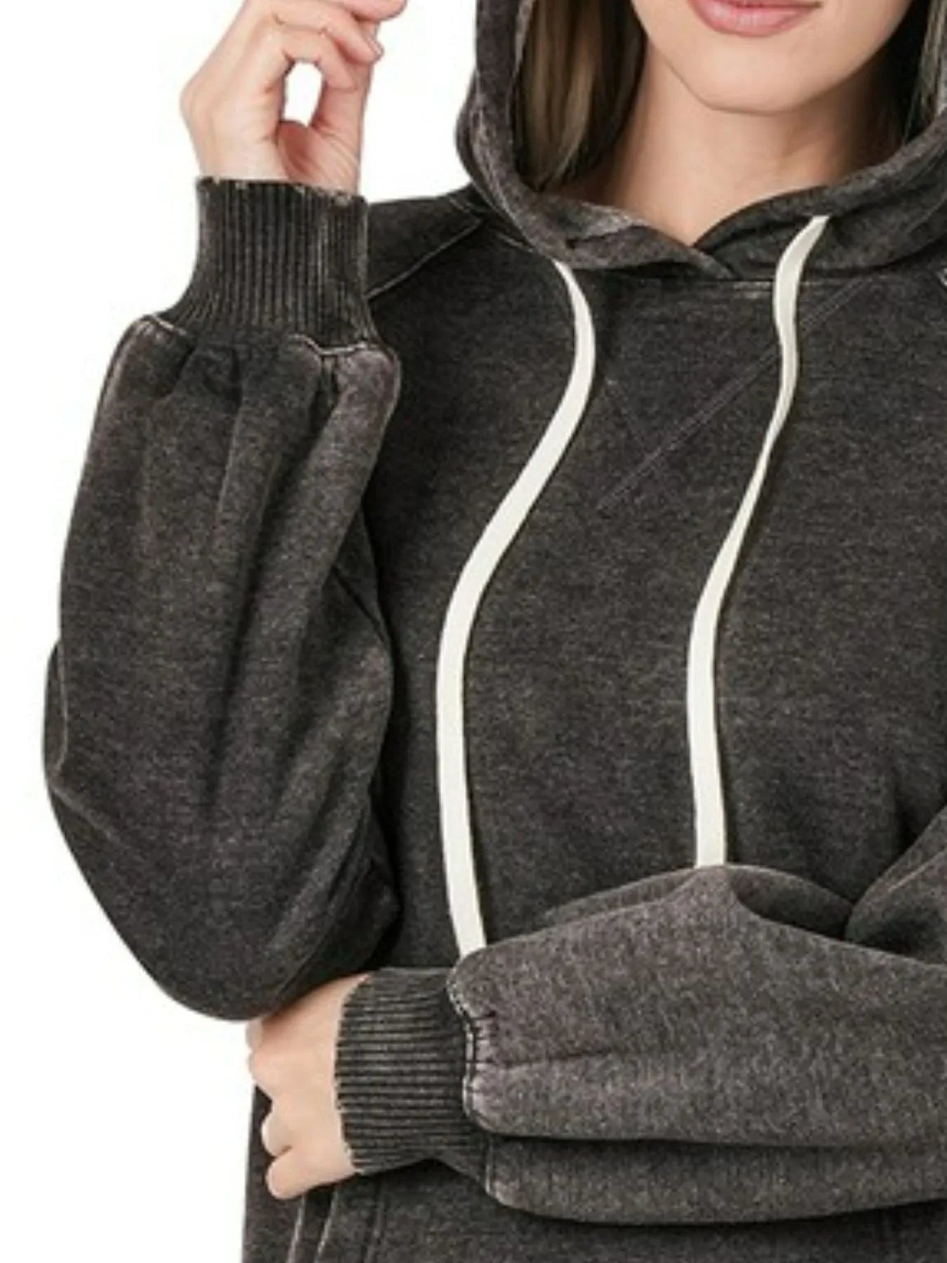 Zenana Acid Wash Fleece Hoodie with Drawstring West2East Surf
