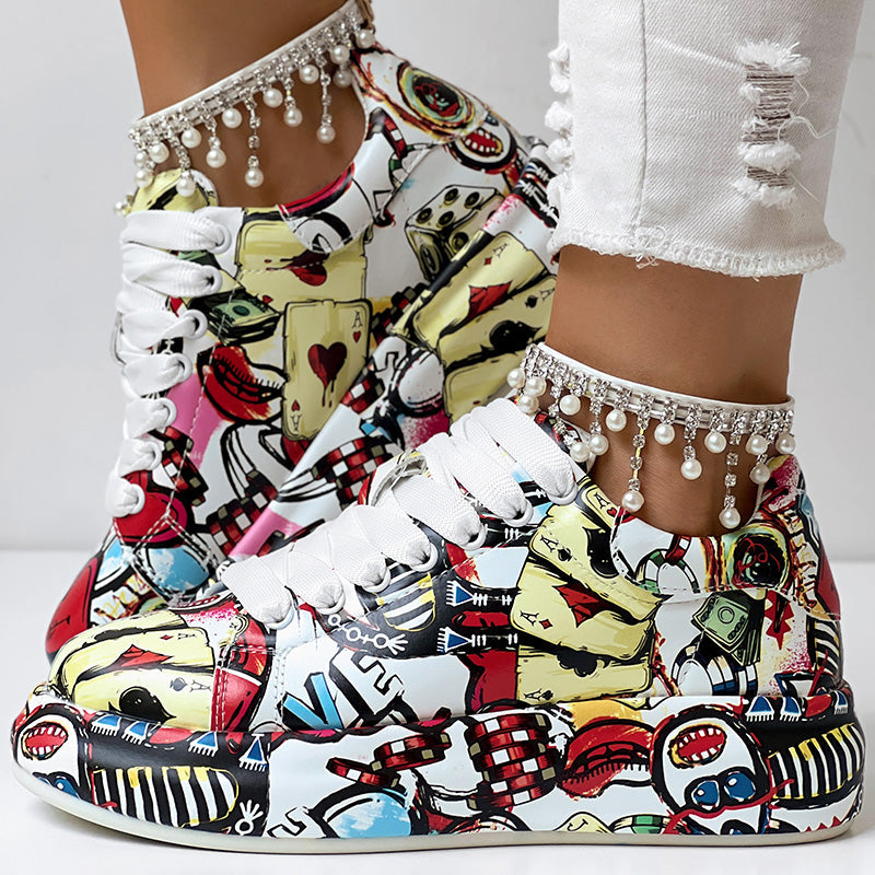 Women's Casual Round Toe Thick Sole Lace-Up Sneakers, Random Print Design, Comfortable Sporty Shoes For Daily Wear See size chart under “more details” The Fashion Celestial