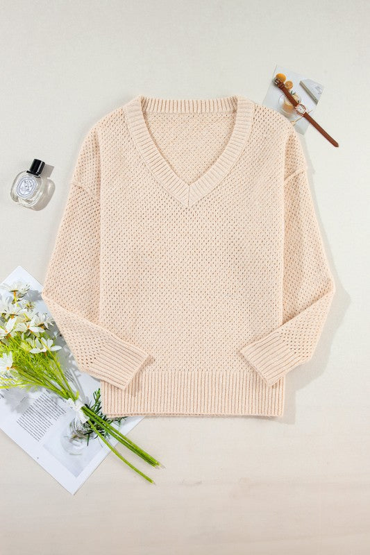 Solid Eyelet V-Neck Drop Shoulder Sweater Shop Style & More | Fresh Looks, Everyday Deals & Free Shipping