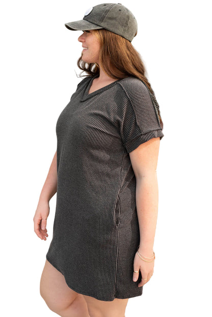 Carbon Grey Corded V Neck Plus Size T Shirt Dress with Pockets Garden Naked Curves