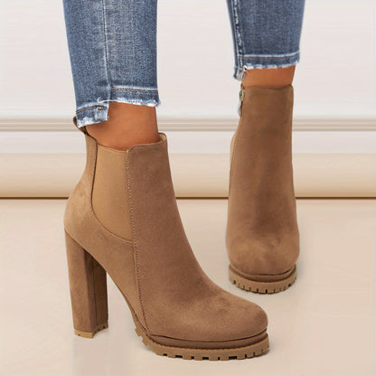 Women's Pointed Toe Short Boots, Tound Toe Side Zipper Chunky Heeled Platform Ankle Boots, Women's Footwear NovaCart