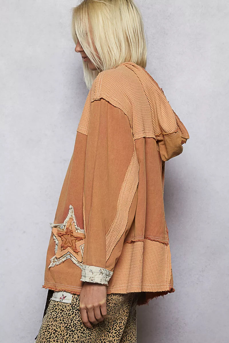 POL Button Down Hooded Jacket with Star Patch Pattern FitiqueFit