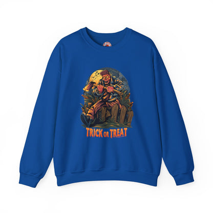 Axe Wielding Zombie Trick or Treat Crewneck Sweatshirt The Devil's Pickle
