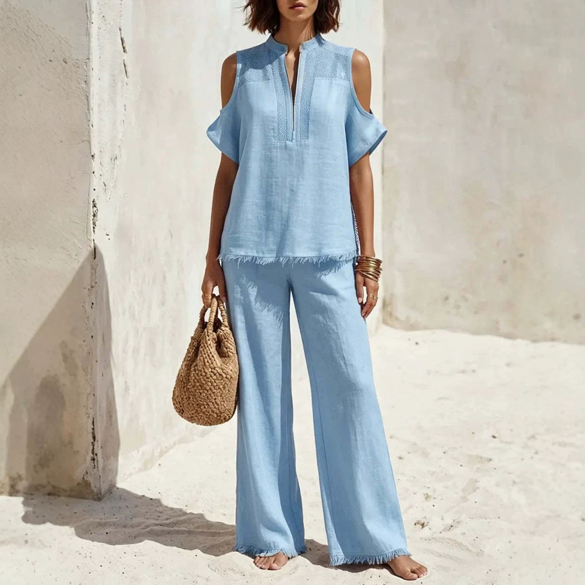 Women's Off-Shoulder Short-Sleeve Linen Blend Pantsuit Set FitiqueFit