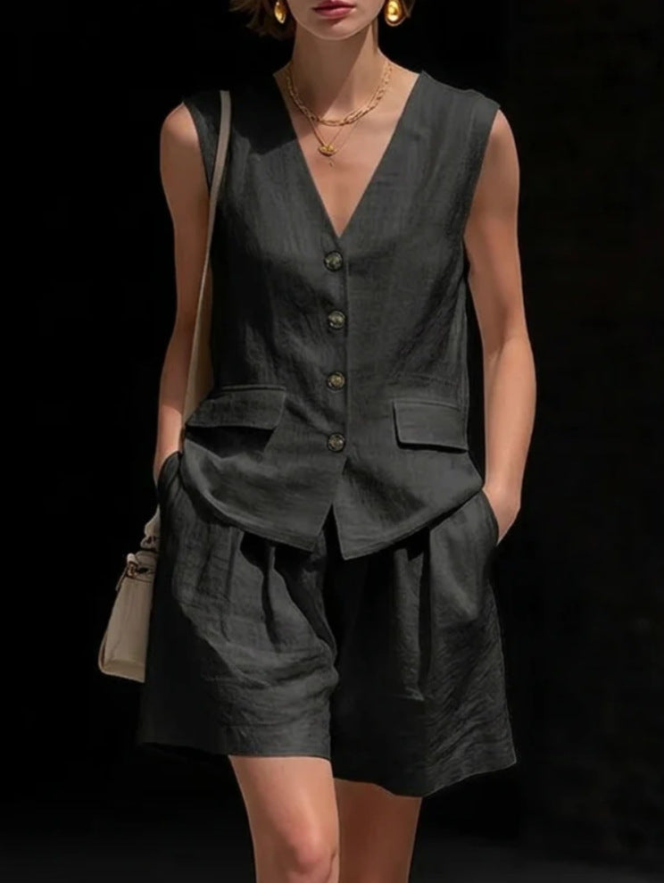 Women’s Cotton Linen Sleeveless Vest Top and Shorts Set FitiqueFit