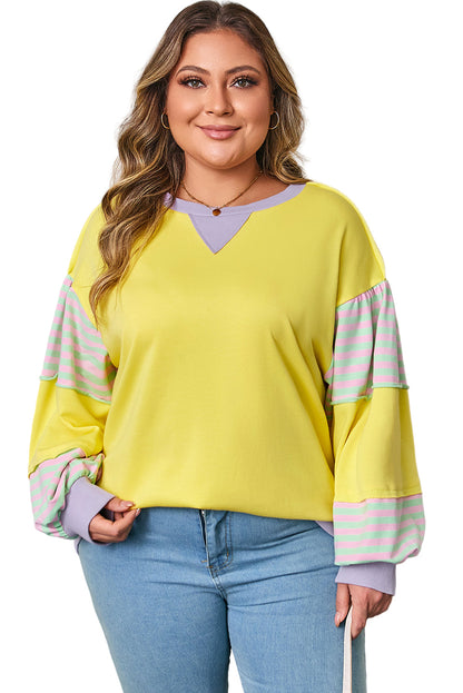 Yellow Striped Color Block Patchwork Crewneck Plus Size Pullover Sweatshirt Garden Naked Curves