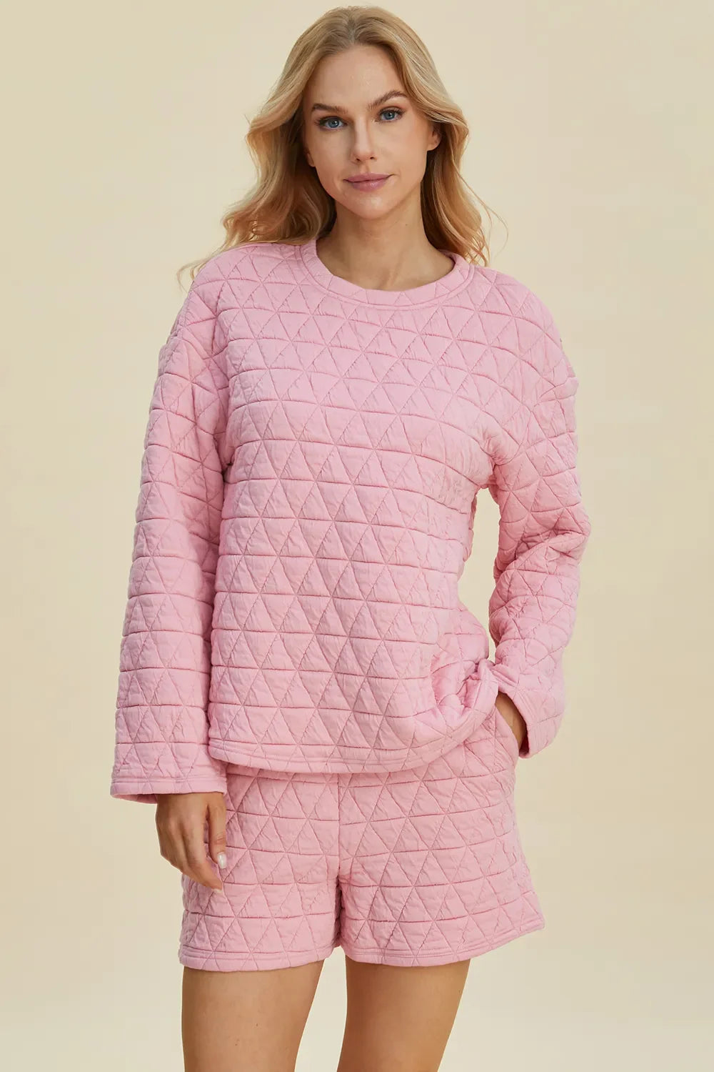 Double Take Full Size Texture Round Neck Long Sleeve Top and Shorts Set West2East Surf