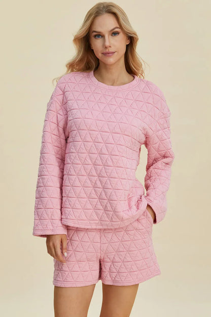 Double Take Full Size Texture Round Neck Long Sleeve Top and Shorts Set West2East Surf