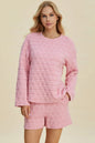 Double Take Full Size Texture Round Neck Long Sleeve Top and Shorts Set West2East Surf