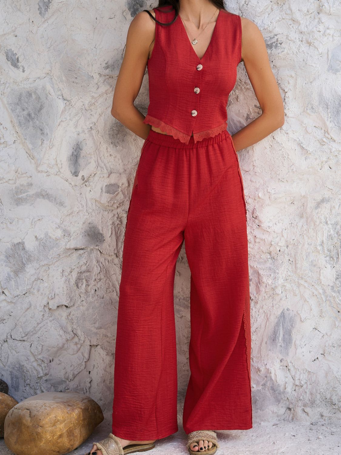 Devine Button Down Lace Detail Vest and Pants Set – Elegant Two-Piece with Stretchy Comfort See size chart under “more details” The Fashion Celestial