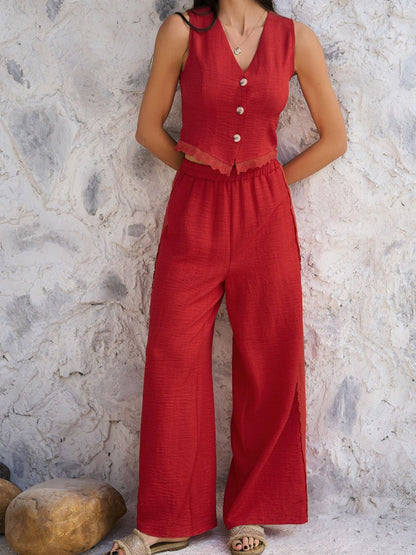 Devine Button Down Lace Detail Vest and Pants Set – Elegant Two-Piece with Stretchy Comfort See size chart under “more details” The Fashion Celestial