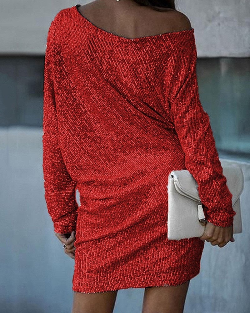 Fashion Oblique Shoulder Sequins Dress Ins Long-sleeved Dresses For Party Women's Clothing Grayceful LLC