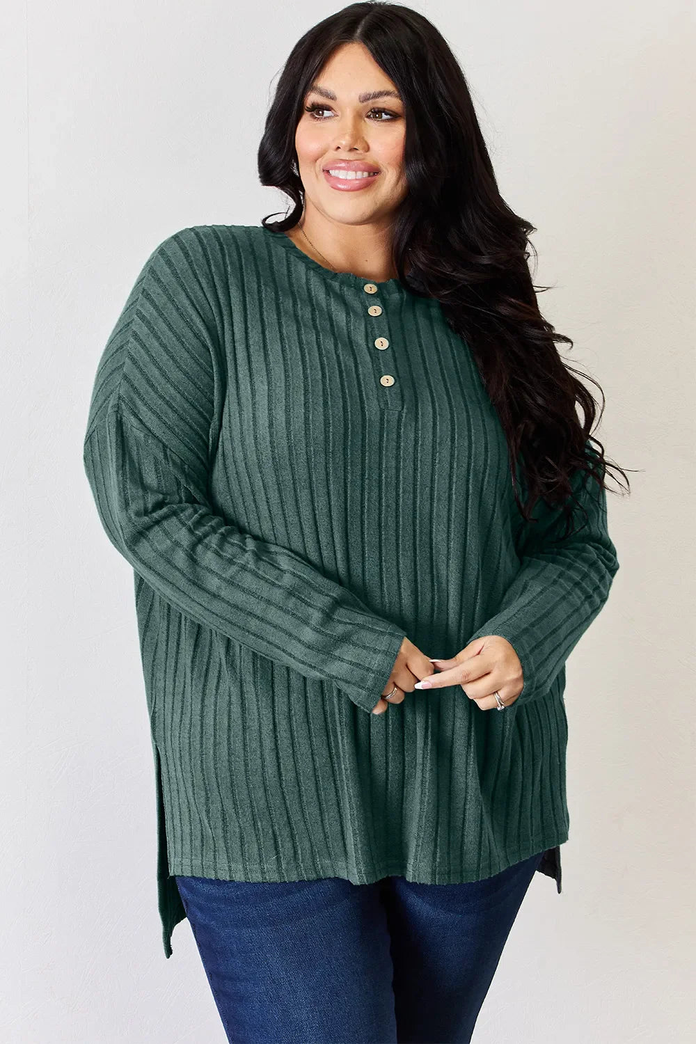 Basic Bae Full Size Ribbed Half Button Long Sleeve High-Low T-Shirt New Era Fashion LLc
