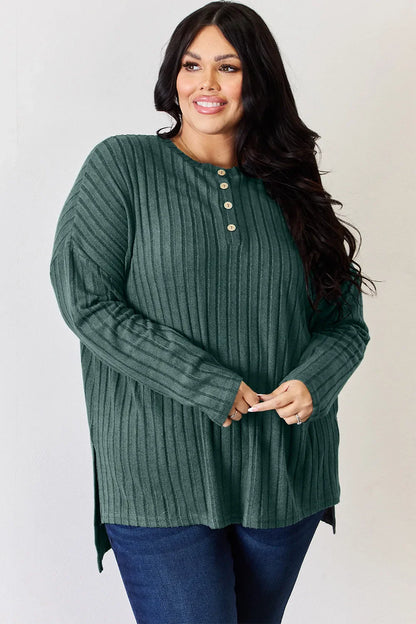 Basic Bae Full Size Ribbed Half Button Long Sleeve High-Low T-Shirt New Era Fashion LLc
