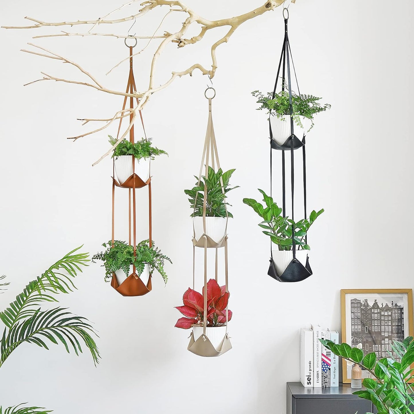 Leather Plant Hanger with Pot Included - Hanging Planters Basket with Plastic Planter 6'' (1 Adjustable Plant Hangers and 2 Pots) Hanging Plant Holder for Home Decor 42'',Black