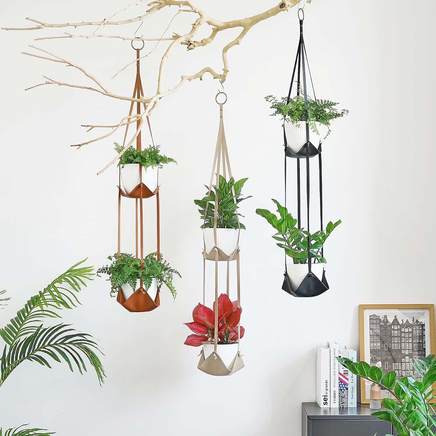Leather Plant Hanger with Pot Included - Hanging Planters Basket with Plastic Planter 6'' (1 Adjustable Plant Hangers and 2 Pots) Hanging Plant Holder for Home Decor 42'',Black