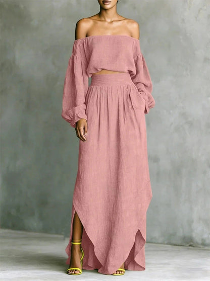 Off-Shoulder Top & Asymmetrical Maxi Skirt Set – Women's 2-Piece Outfit FitiqueFit