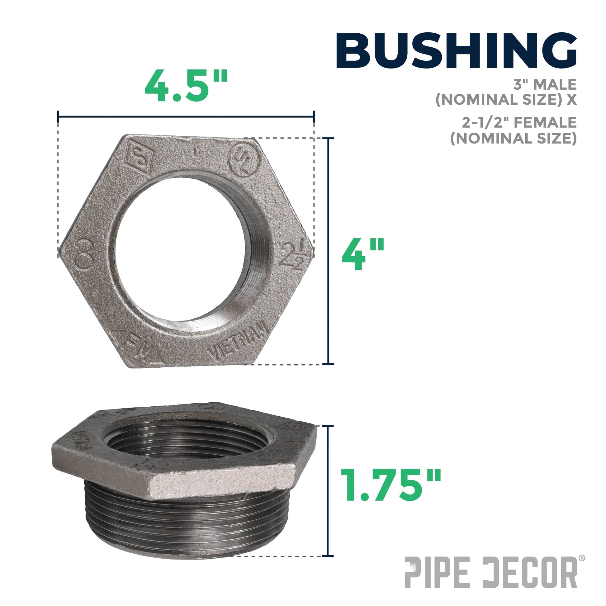 3 in. x 2 1/2 in. Black Bushing PIPE DECOR
