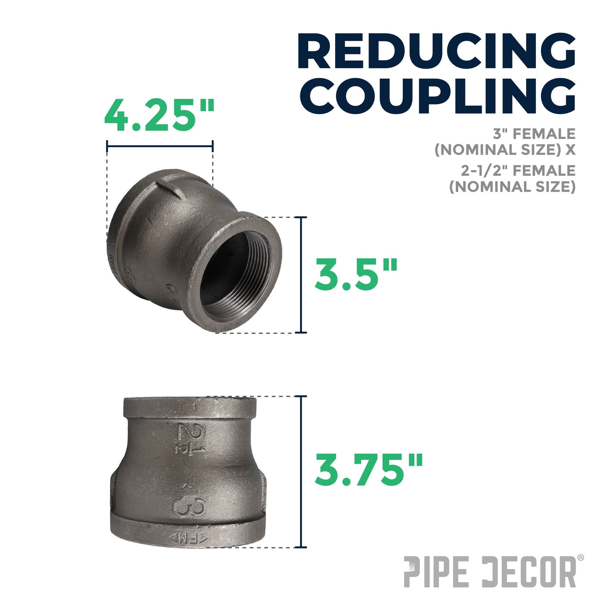 3 in. x 2 1/2 in. Black Reducing Coupling PIPE DECOR