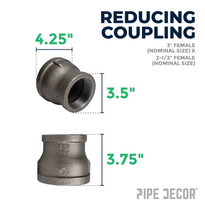 3 in. x 2 1/2 in. Black Reducing Coupling PIPE DECOR