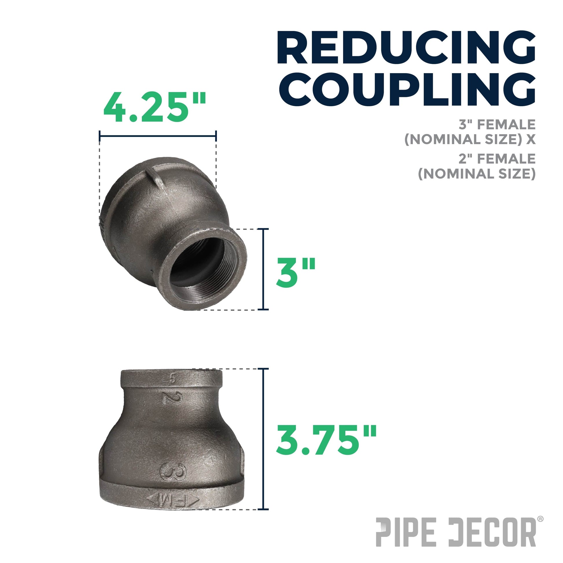 3 in. x 2 in. Black Reducing Coupling PIPE DECOR