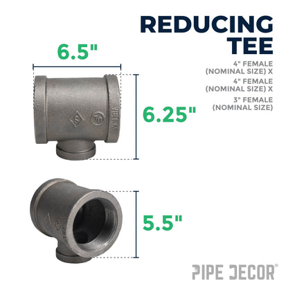 4 in. x 4 in.x 3 in. Black Reducing Tee PIPE DECOR