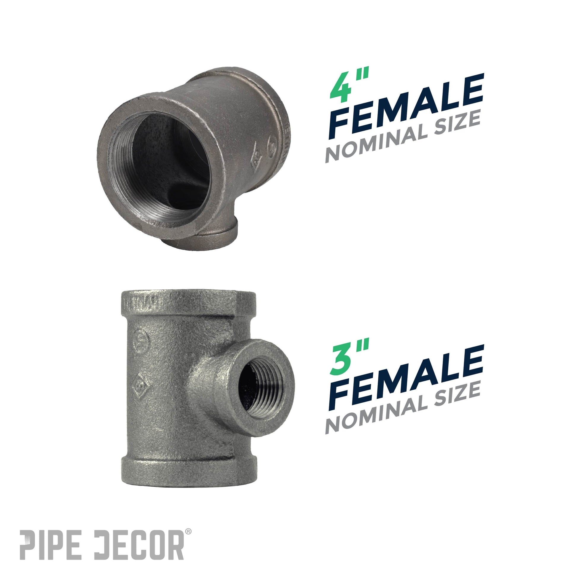4 in. x 4 in.x 3 in. Black Reducing Tee PIPE DECOR