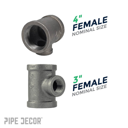 4 in. x 4 in.x 3 in. Black Reducing Tee PIPE DECOR