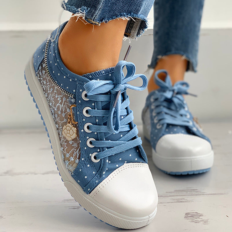 Floral Embroidered Polka Dot Print Sneakers — Women’s Casual Canvas Shoes FitiqueFit