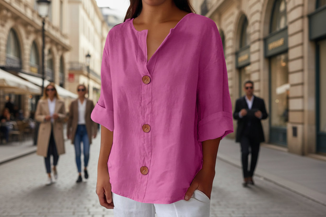 Women's V-Neck Cotton Linen Buttoned Blouse FitiqueFit