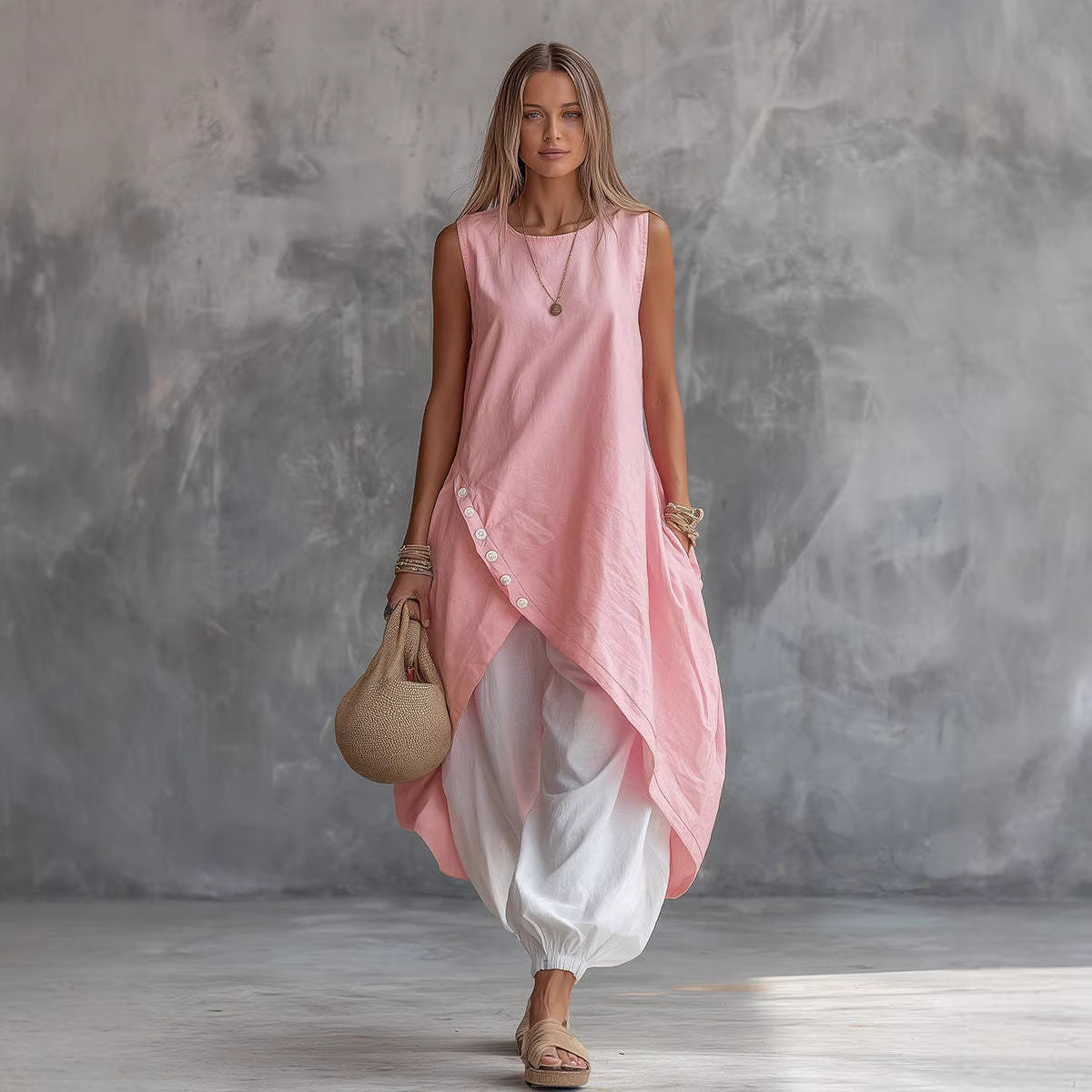 Solid-Color Sleeveless Loose-Fit Dress With Patch Pockets FitiqueFit
