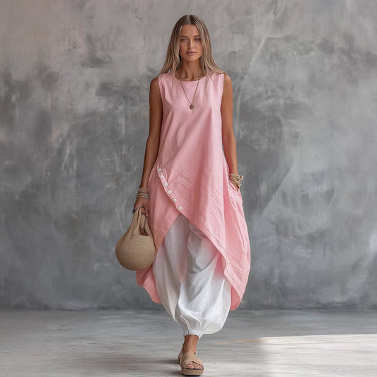 Solid-Color Sleeveless Loose-Fit Dress With Patch Pockets FitiqueFit