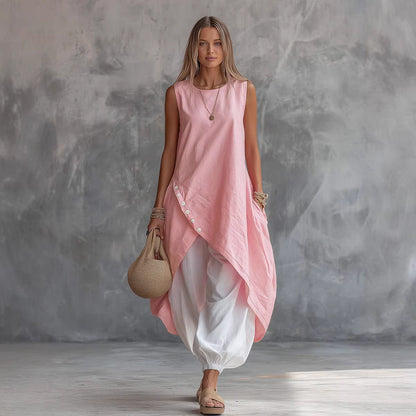 Solid-Color Sleeveless Loose-Fit Dress With Patch Pockets FitiqueFit