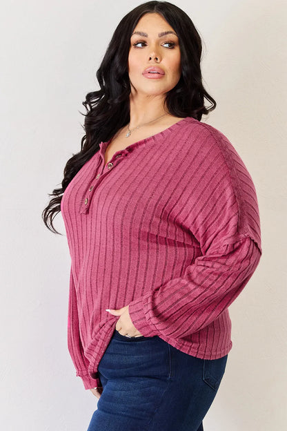 Basic Bae Full Size Ribbed Half Button Long Sleeve High-Low T-Shirt New Era Fashion LLc