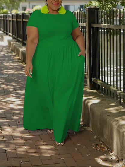 Plus Size Solid Short Sleeve Maxi Dress, Women's Plus Medium Stretch Elegant Long Dress NovaCart