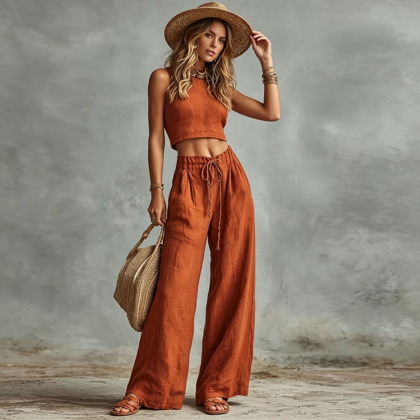 Women's Sleeveless Vest & Drawstring High-Waist Wide-Leg Pants Set FitiqueFit
