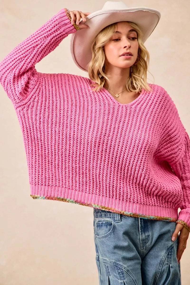 BiBi V-Neck Sweater with Colorful Trim FitiqueFit