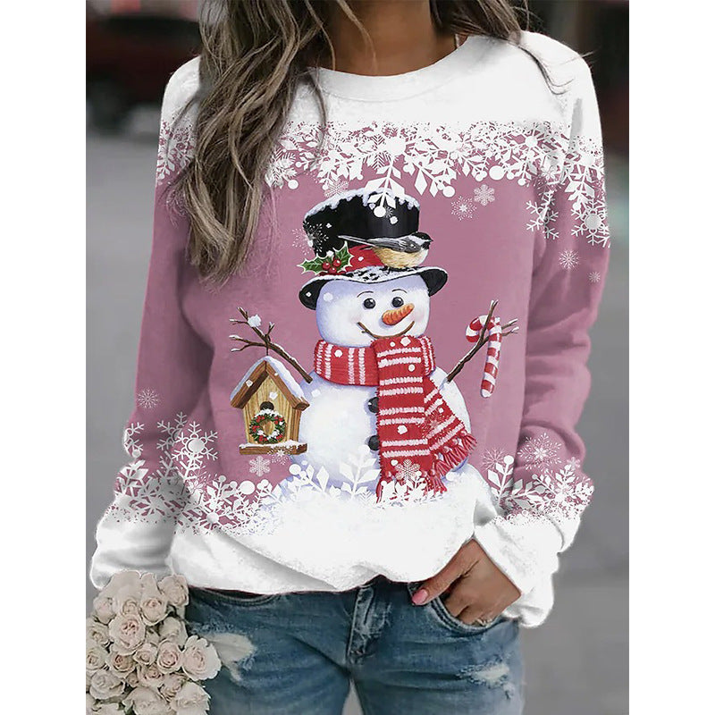 Snowman Printed Panel Loose Sweater – Casual Holiday Knit for Women FitiqueFit