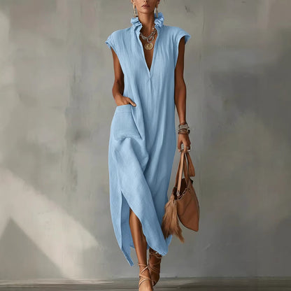 Women’s Cotton-Linen Sleeveless Solid-Color Shirt Dress FitiqueFit