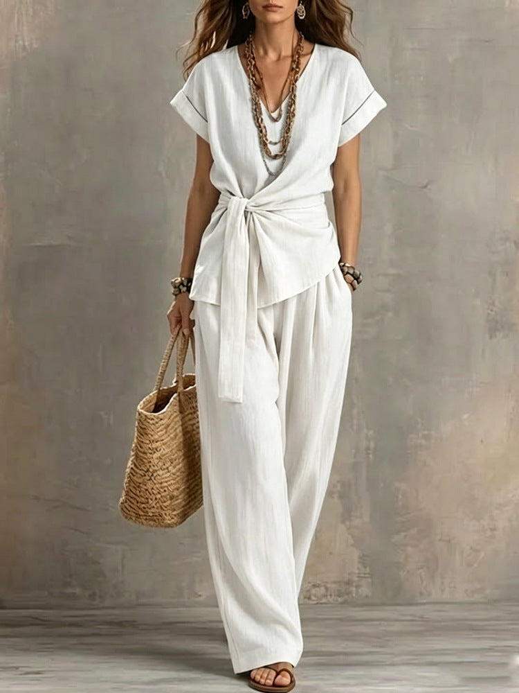Women's V-Neck Short-Sleeve Top & Pants Two-Piece Set FitiqueFit