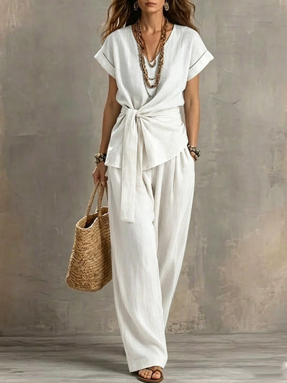 Women's V-Neck Short-Sleeve Top & Pants Two-Piece Set FitiqueFit
