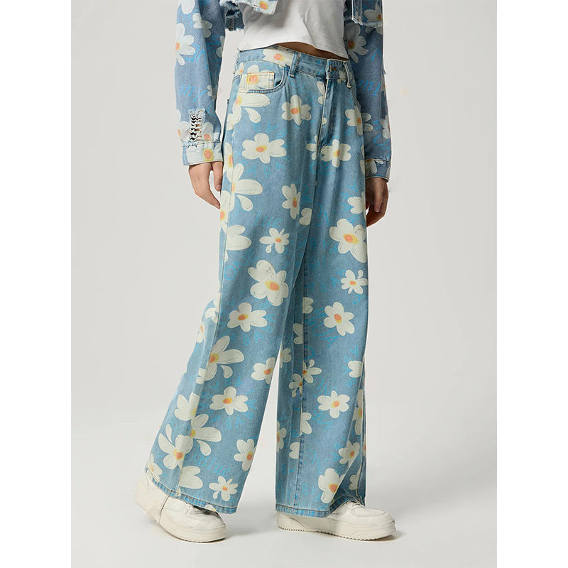 Women's Vintage Floral Print Straight-Leg Jeans FitiqueFit