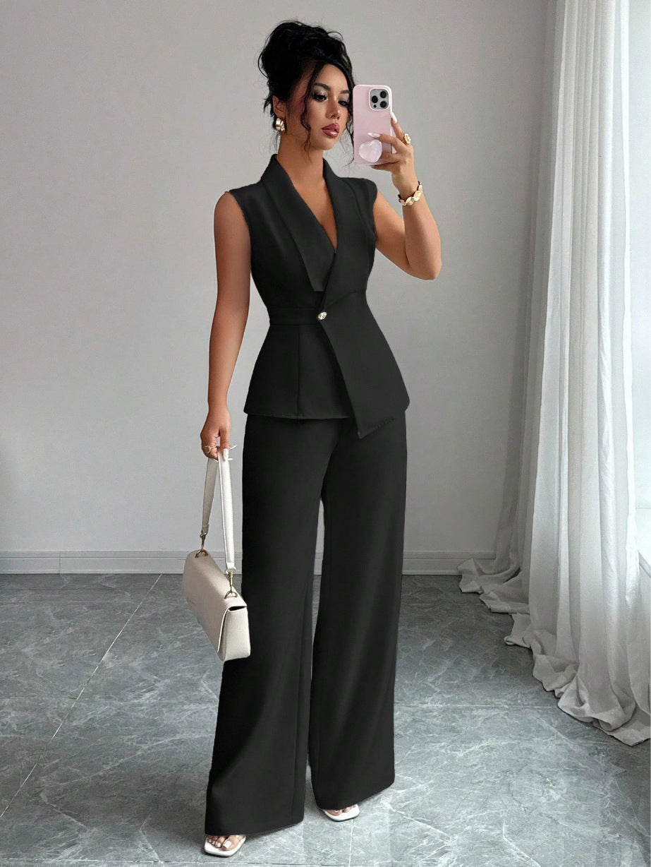 Women's Sleeveless Blazer & Straight-Leg Pants Two-Piece Set FitiqueFit